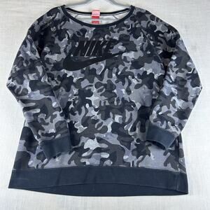 Nike Women Sweatshirt Medium Gray Camo Logo Rally AOP Scoop Neck Pullover